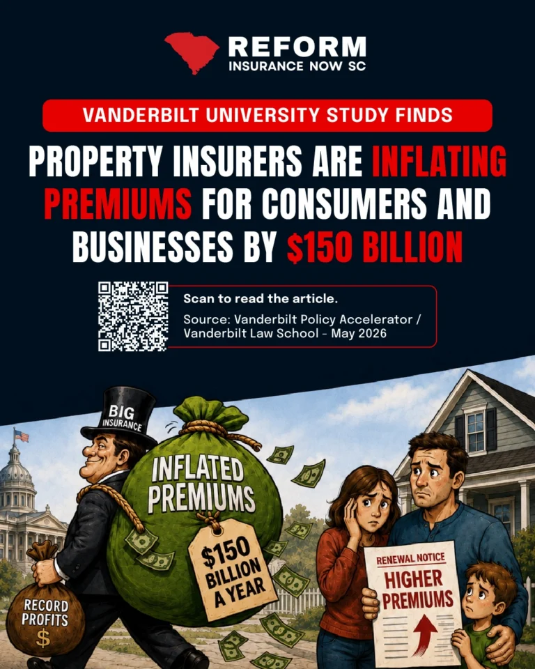 Insurance companies keep telling us rates have to go up. But the industry’s own numbers tell a very different story.

A recent Vanderbilt and Voter Protection Alliance report found property insurers may be overcharging consumers by as much as $150 billion each year.

At the same time, the insurance industry is reporting record performance and billions in profits.

South Carolina families deserve fairness, transparency, and accountability. We should not be paying more while insurance companies continue posting huge gains.

Learn more. Speak up. Join the fight.

#ReformInsuranceNow #InsuranceReform #SouthCarolina #ConsumerProtection #HomeInsurance #AutoInsurance #SCPolitics