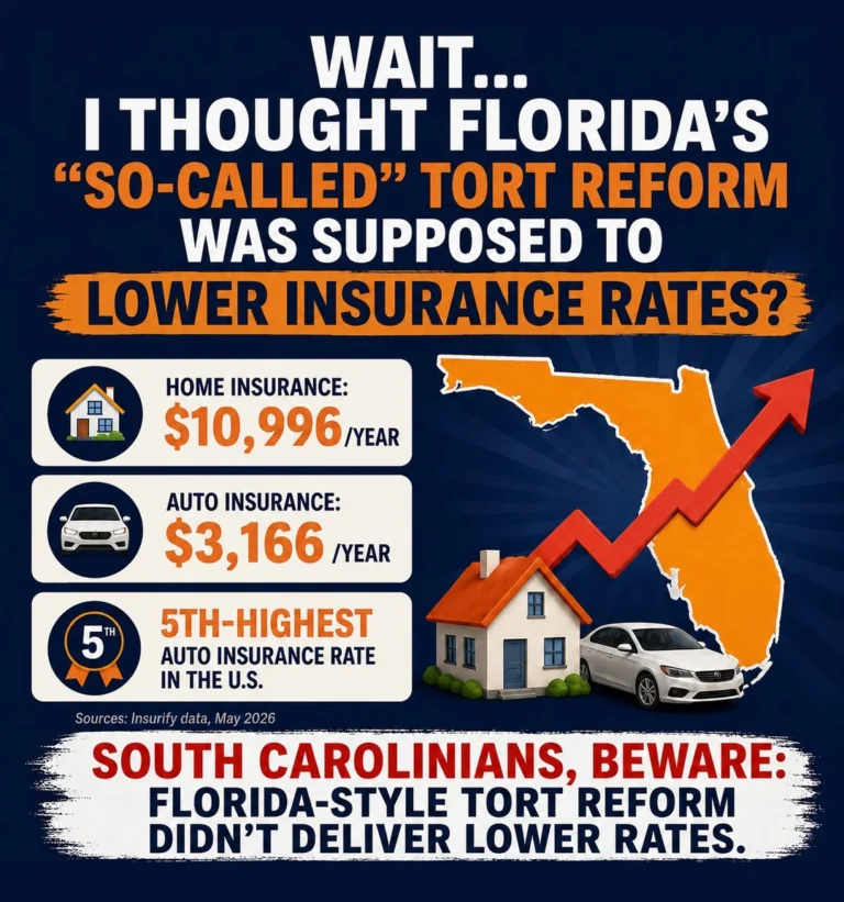 Florida passed so-called “tort reform.” Insurance rates are still sky-high. South Carolina voters should keep asking the obvious question: When legislators propose so-called “tort reforms” where is the guarantee for lower rates?