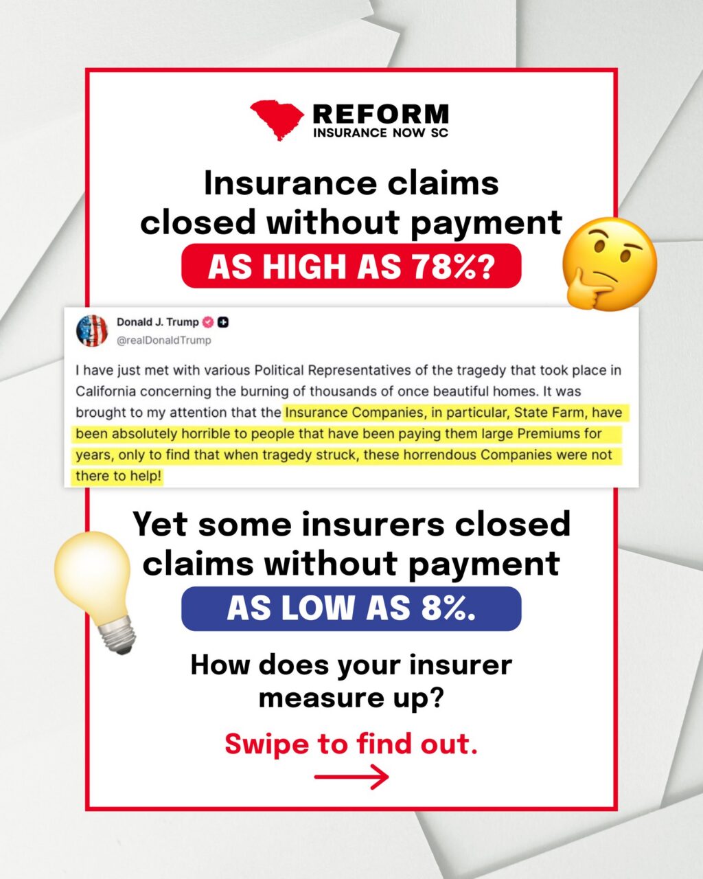 Why is there such a discrepancy? President Trump is calling for greater transparency in homeowner claim denials.

Check the link in our bio or follow the instructions on the last slide to see how your insurer measures up.

Data from @weissratings
