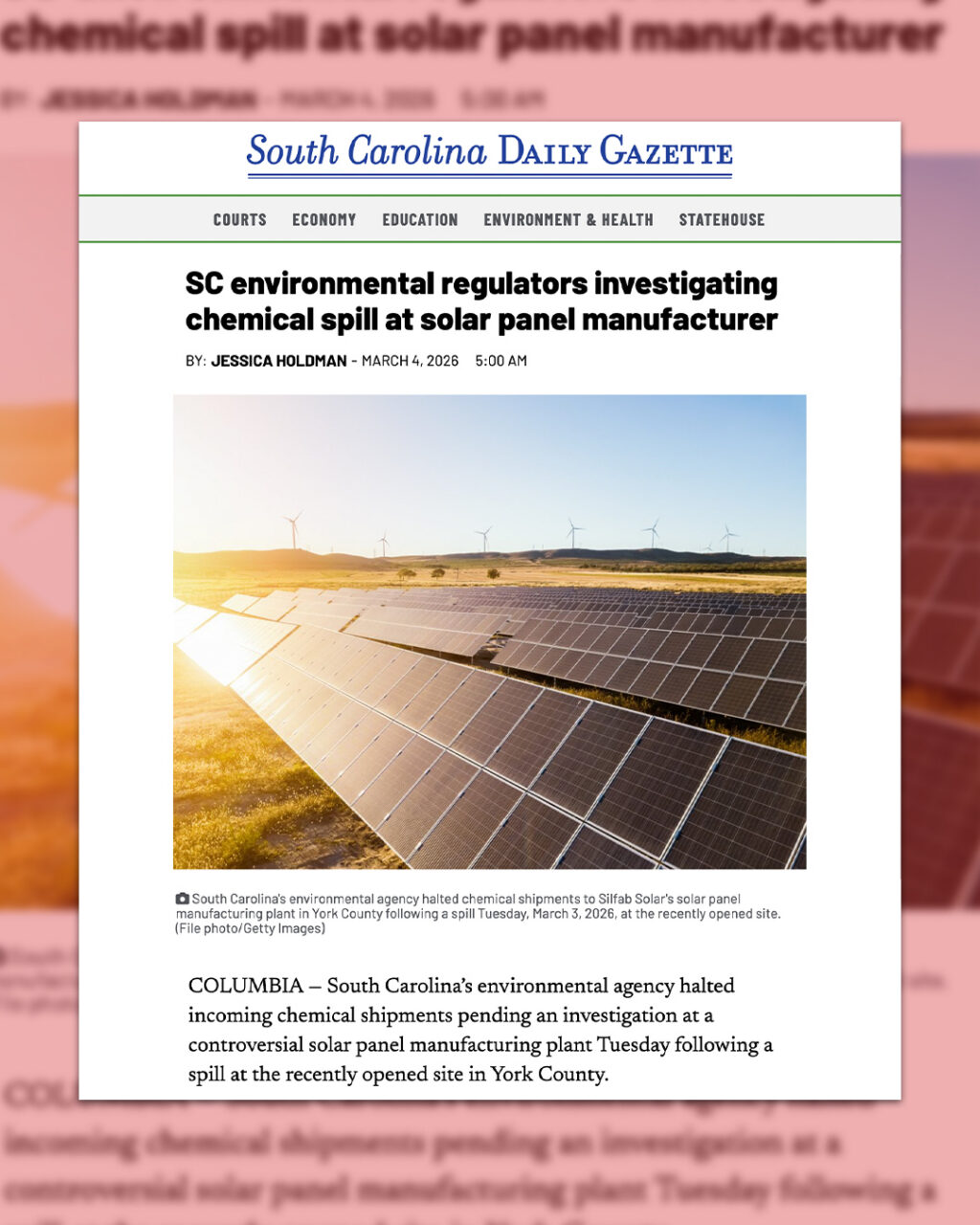 SC environmental regulators investigating chemical spill at solar panel manufacturer. Click the link in our bio for the whole story.

Tort reforms that passed last year in South Carolina help shield polluters like this from liability. Why is SC protecting Big Corporations while limiting the rights of its citizens?

Reform Insurance Now SC exists to prevent things like this from happening by holding those that do it accountable.